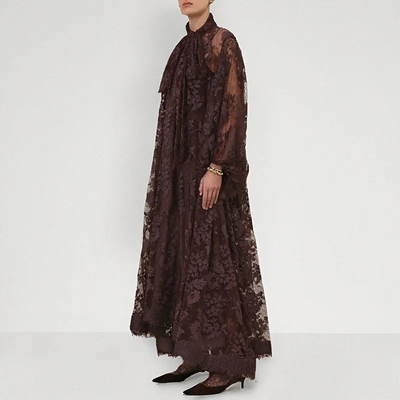 Hollow jacquard sling lace see-through loose A-line dress with ribbon in brown polyester
