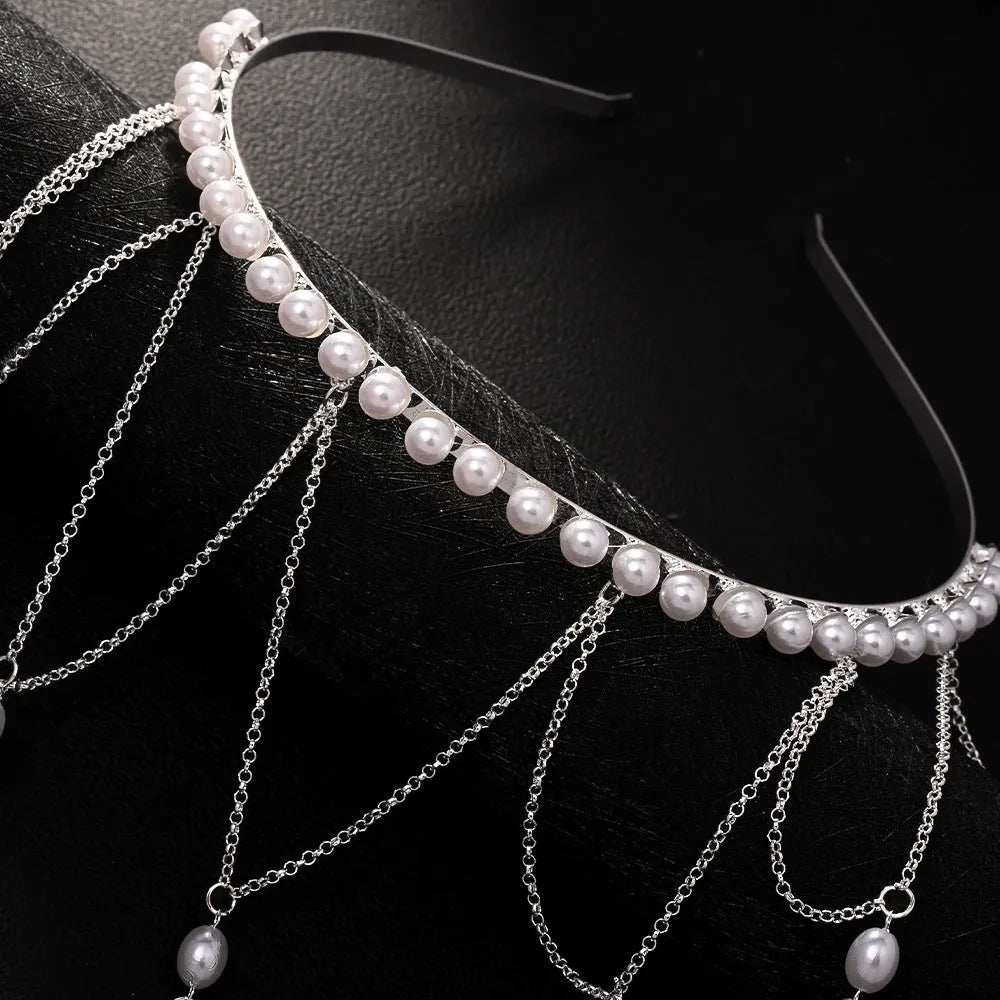Women's hair chain with mesh tassel design featuring pearl beads and electroplated metal in gold or silver colour