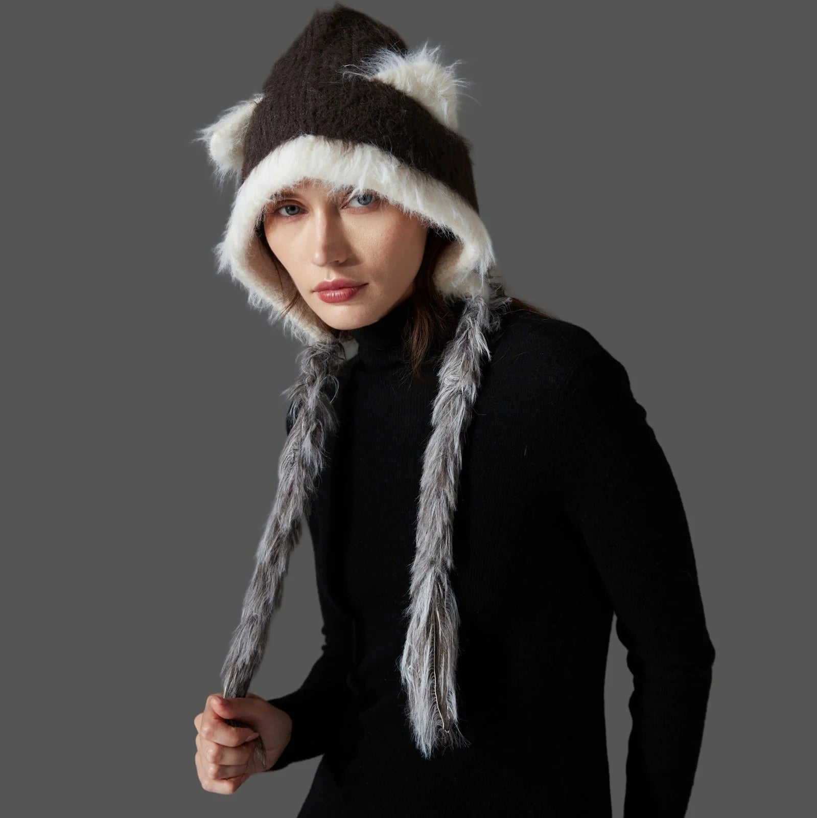 Cat ears mink wool knitted hat in white with tassel detail, 29x23cm dimensions