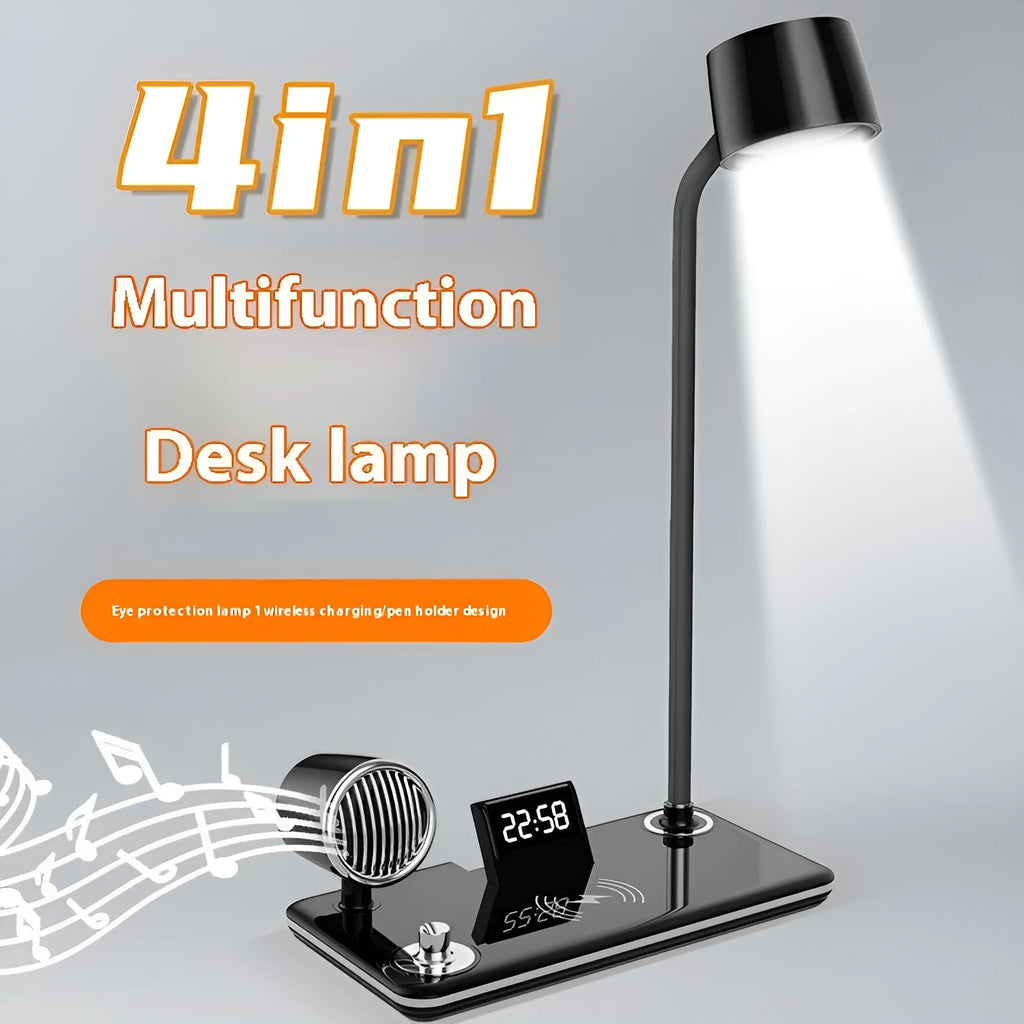 White intelligent bedside lamp with digital clock display and wireless charging surface.