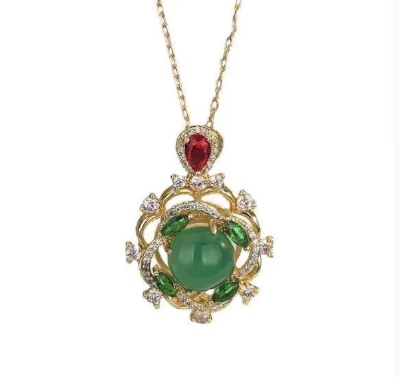 S925 silver inlaid natural chrysoprase agate geometric round pendant necklace on copper base with gold detailing, green chalcedony option