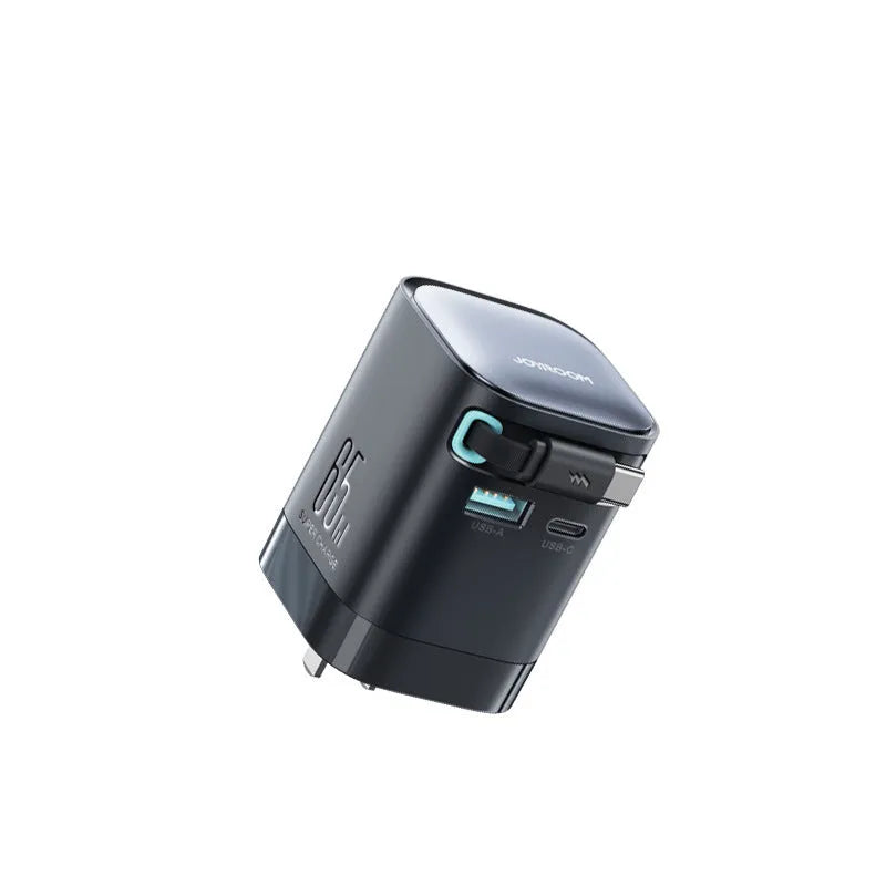 65W black telescopic Type-C PD fast charger with retracted cable, suitable for CN and EU models
