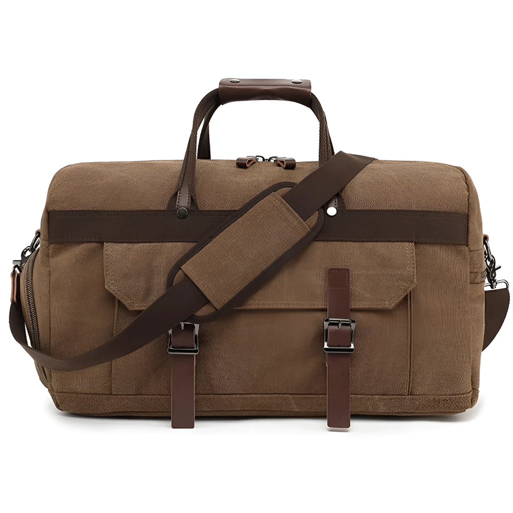 Canvas crossbody travel bag with 36-55L capacity in retro style, shown in black colour option