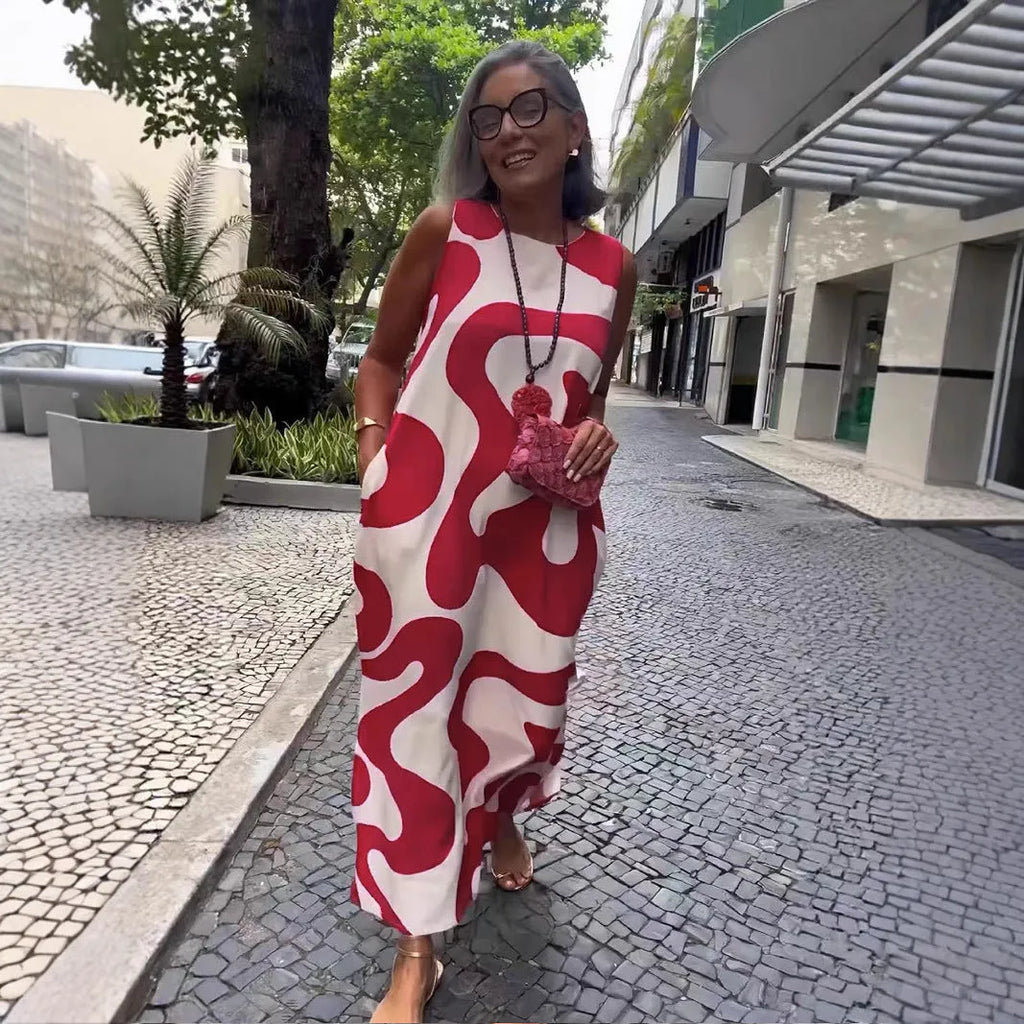 V-neck printed sleeveless A-line dress in Rose Red with abstract pattern, suitable for commuting and casual wear