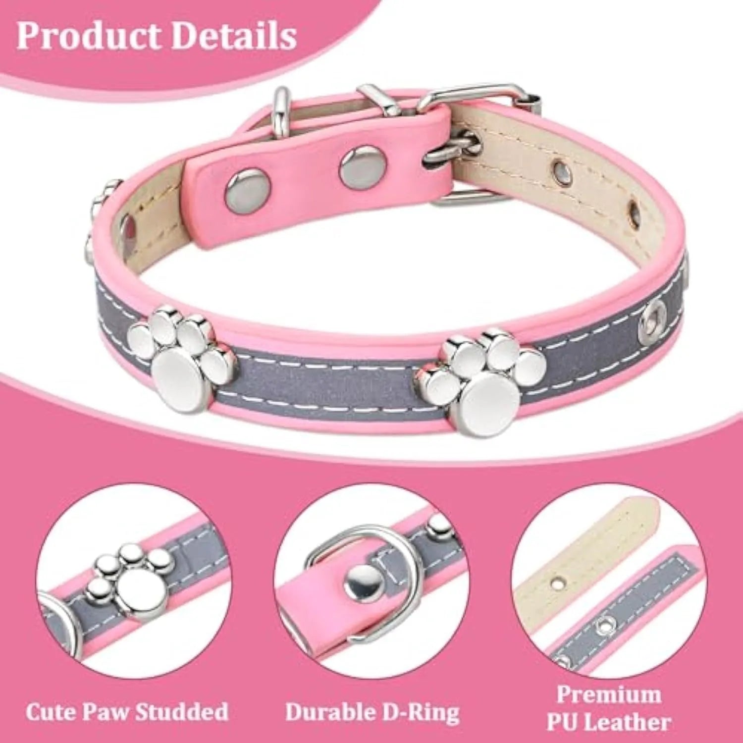 Reflective soft PU leather dog collar with metal buckle and decorative paw print rivets on a grey background.