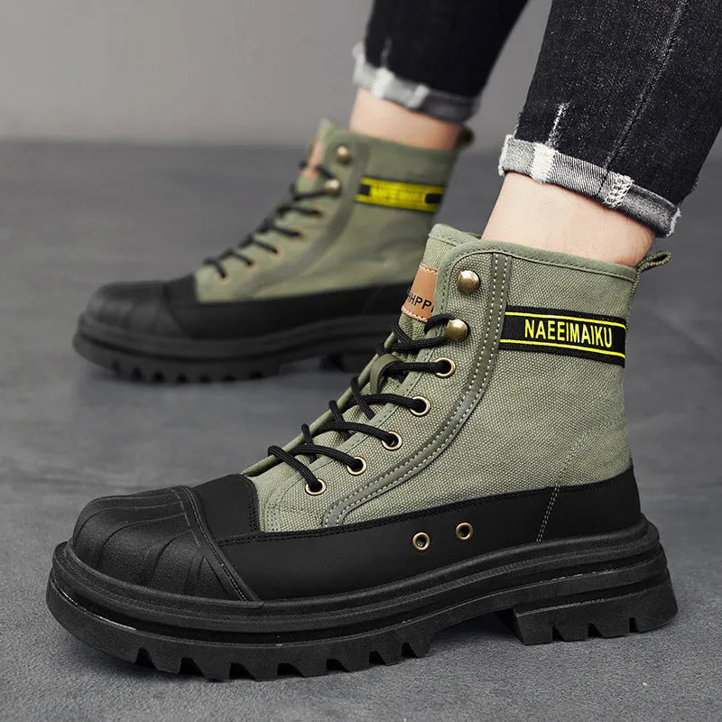 Men's thick-soled canvas casual motorcycle boots in black with front lace-up and round toe, side view