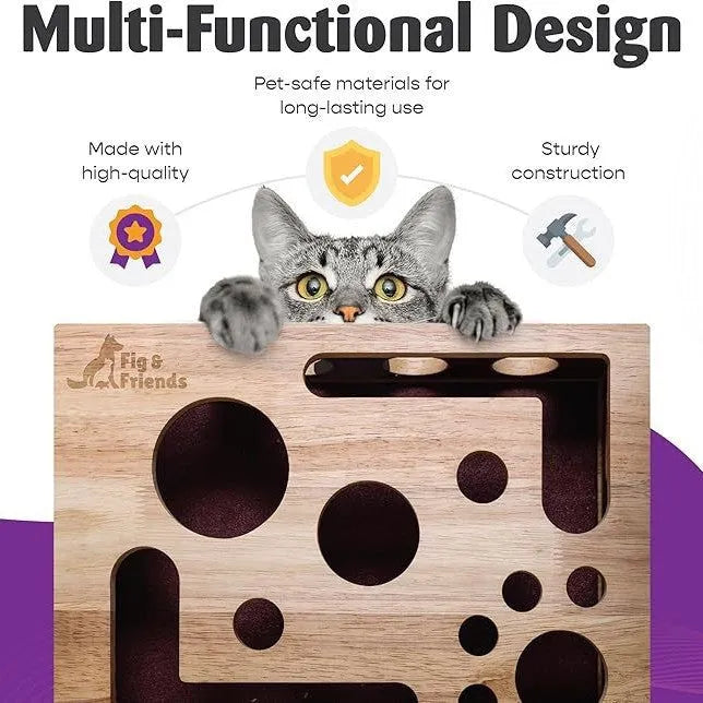 Solid wood square maze cat toy in natural wood colour on a floor