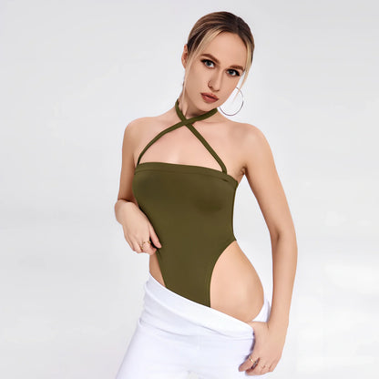 Dark green women's one-shoulder bodysuit with short 15cm sleeves, 90% polyester 10% spandex, sizes S M L