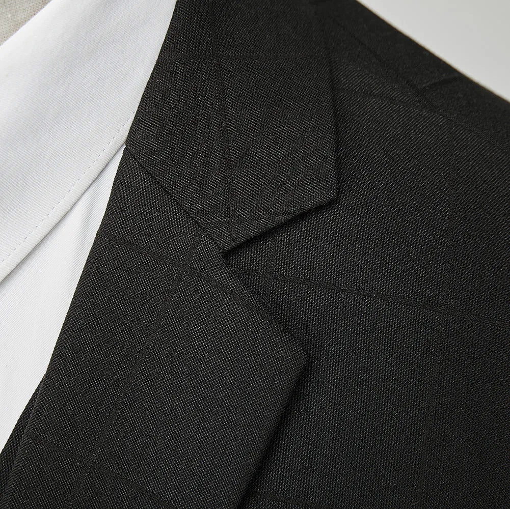 Men's navy blue plaid slim fit three-piece suit featuring a vest, jacket, and trousers on a hanger.