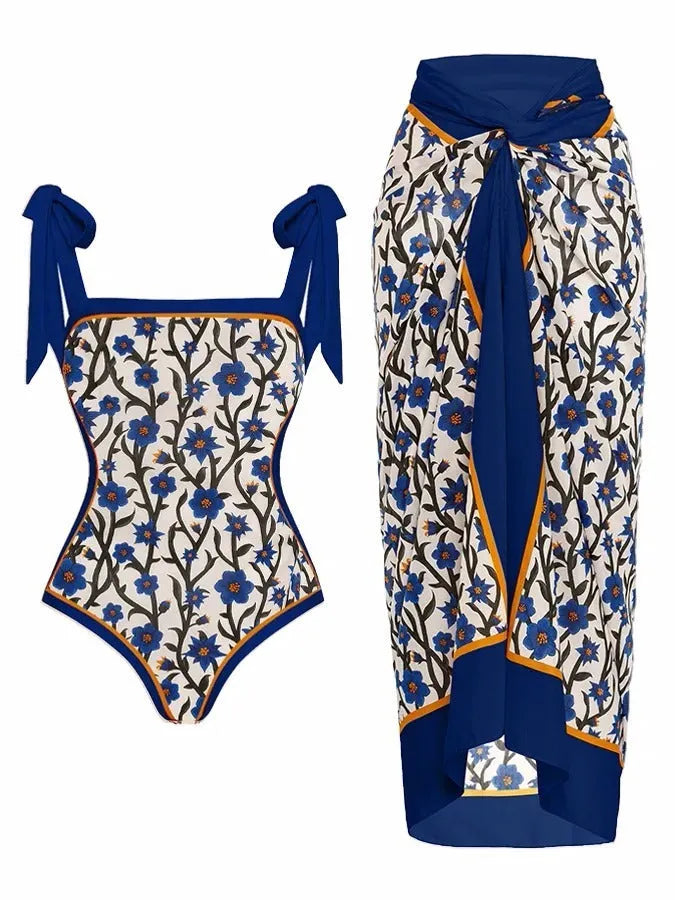 Women's printed polyester swimsuit with chiffon skirt in two-piece set