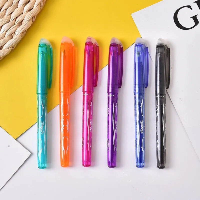 Hot erasable gel pen set with choice of 0.5mm or 0.7mm tip, showing plastic body and stainless steel nib.
