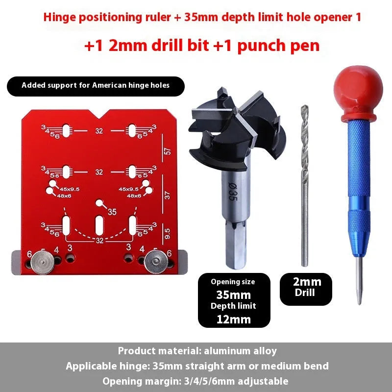Red aluminium hinge locating ruler tool with adjustable gauge and hard alloy tapper blade for 35mm cabinet hinges.