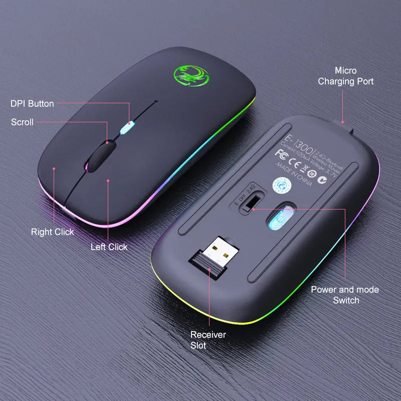 Black and white luminous charging Bluetooth dual-mode wireless silent mouse on a desk.