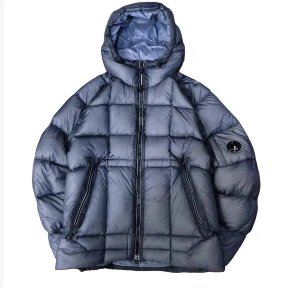 Men's winter hooded cotton coat in black with zippered pockets, plain front, and straight hem