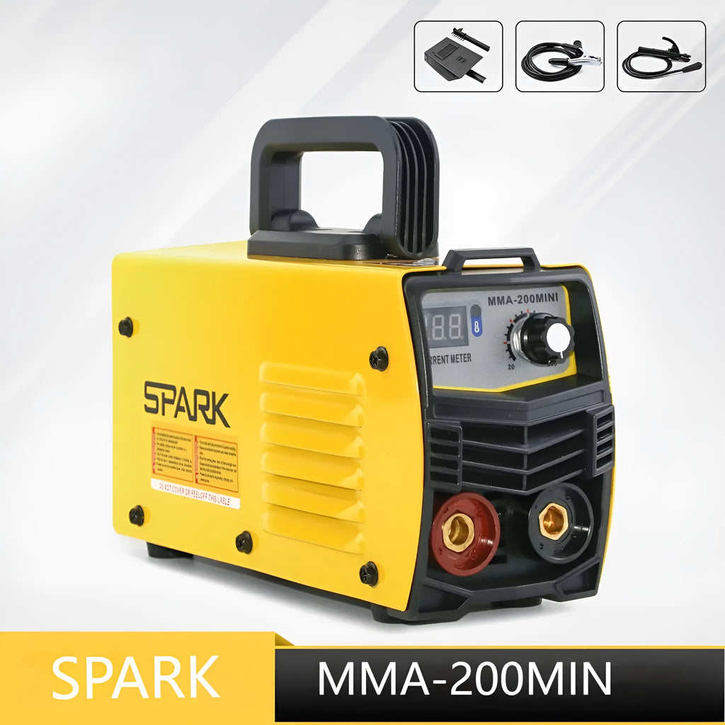 MMA-200MIN 220V inverter DC welding machine with welding tongs and face shield on a workbench.
