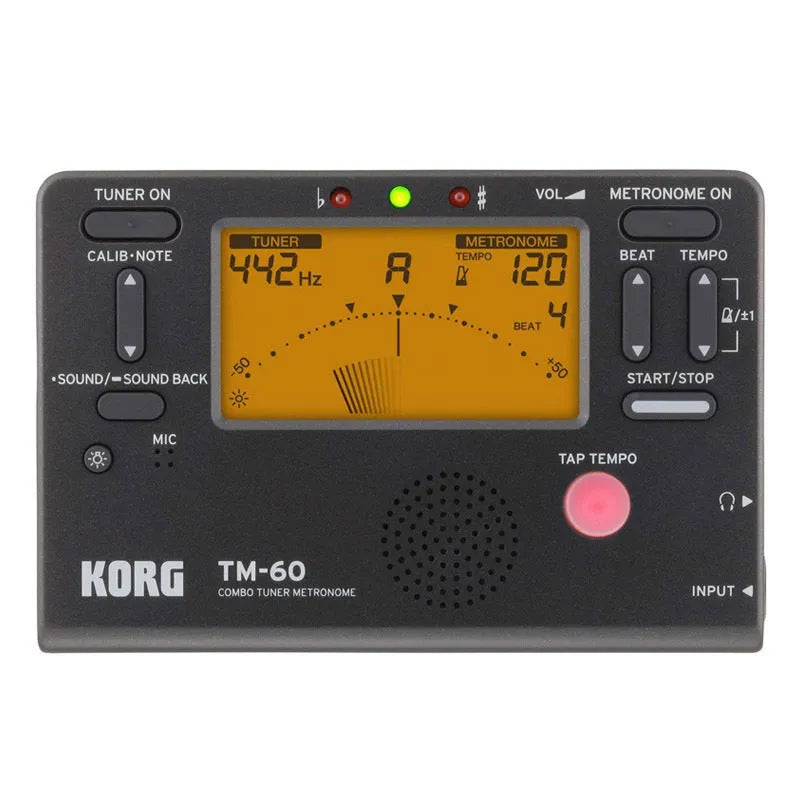 TM-60 Black and White digital metronome with display and controls for tempo and rhythm selection