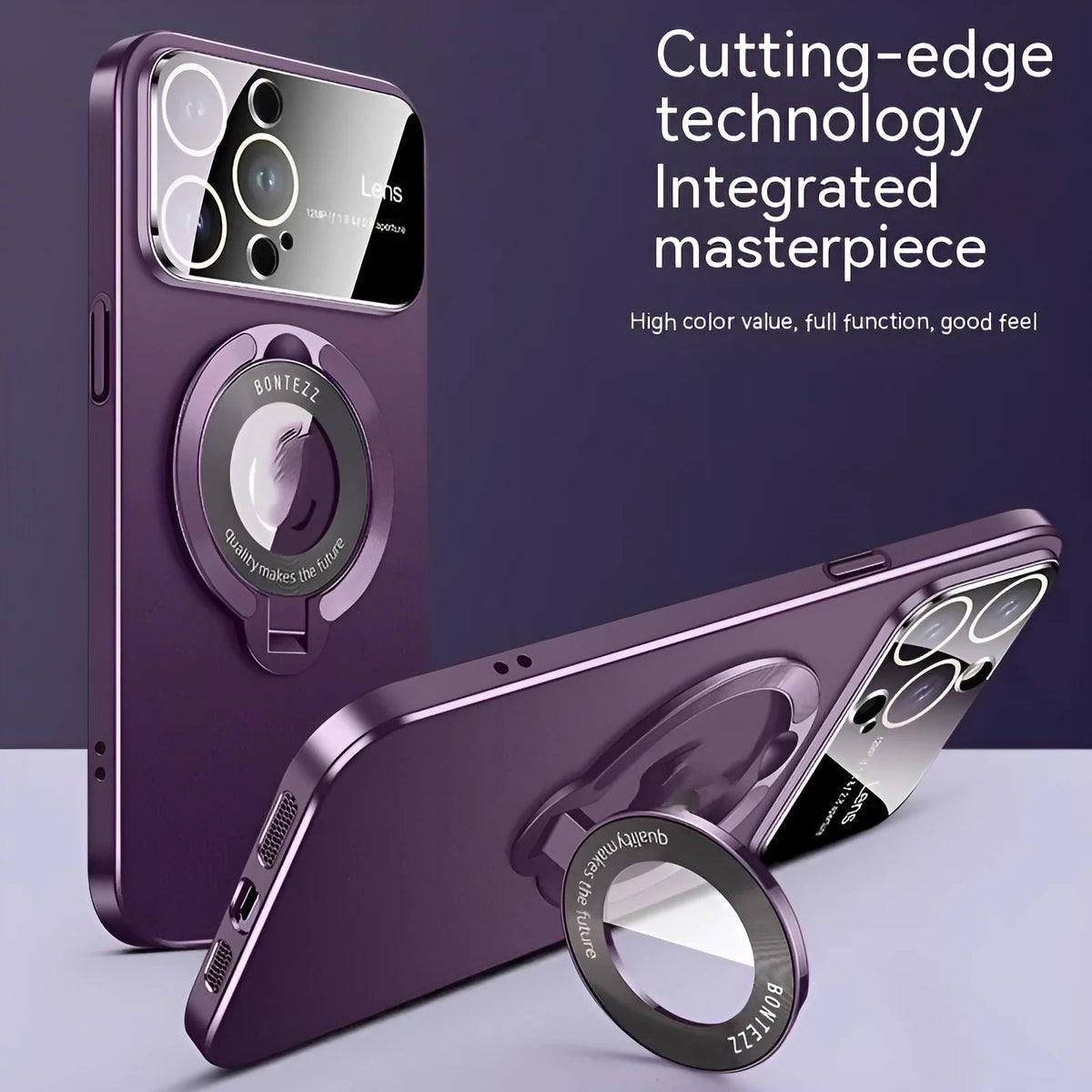 Frosted PC magnetic bracket phone case for iPhone, shown in dark purple, with a large window and built-in stand.