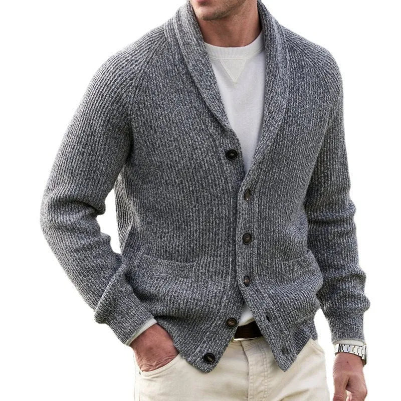 Men's gray mixed colour lapel cardigan with buttons, slim fit, long sleeves, on model