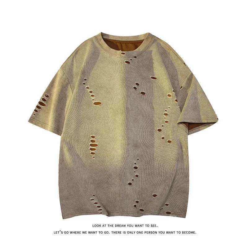 Men's grey loose-fit cotton blend short sleeve t-shirt with a distressed design on the front.