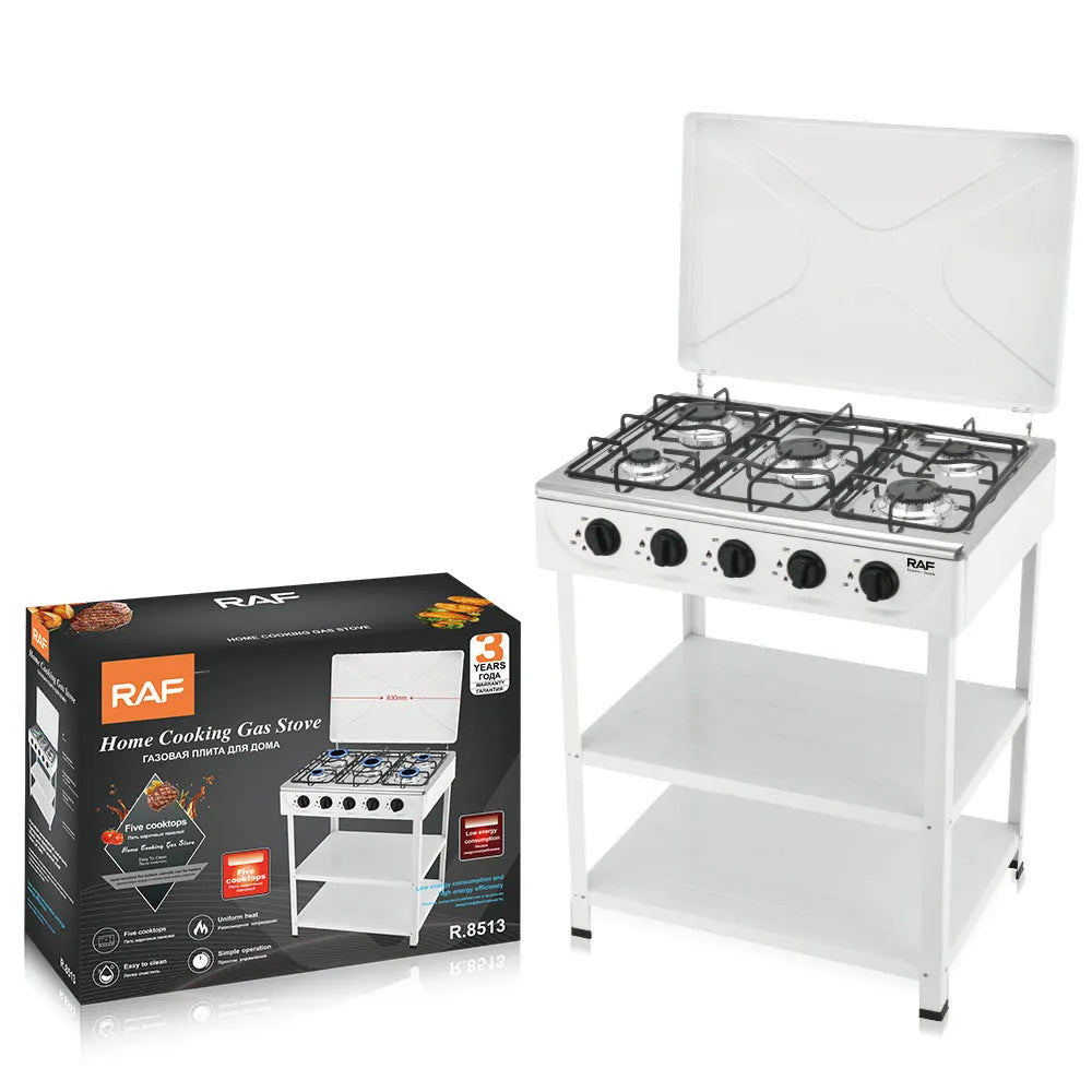 European-style vertical split stove gas cooker with metal rack on white background