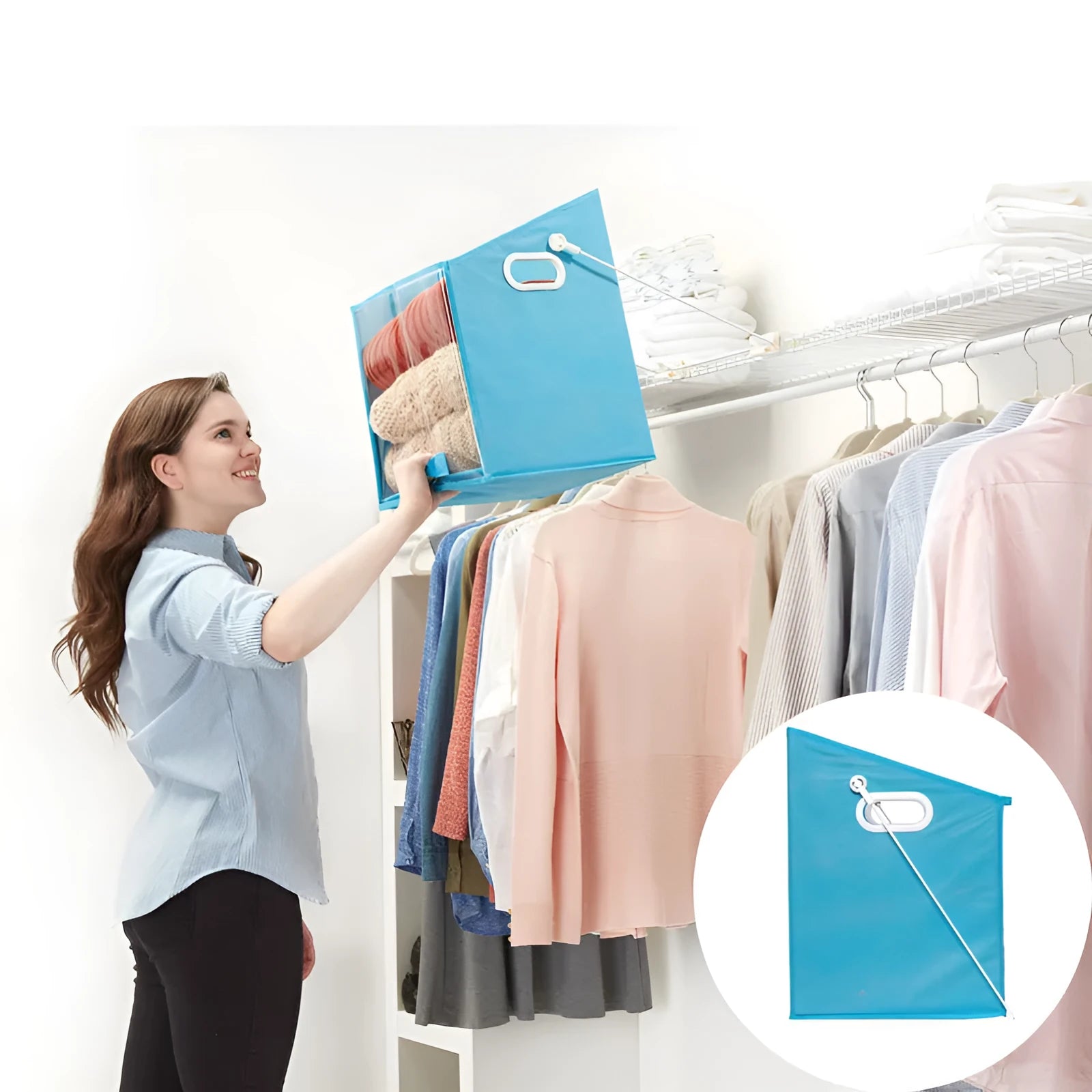 Blue folding storage basket with clear front panel shown on a shelf, folded flat and in use.
