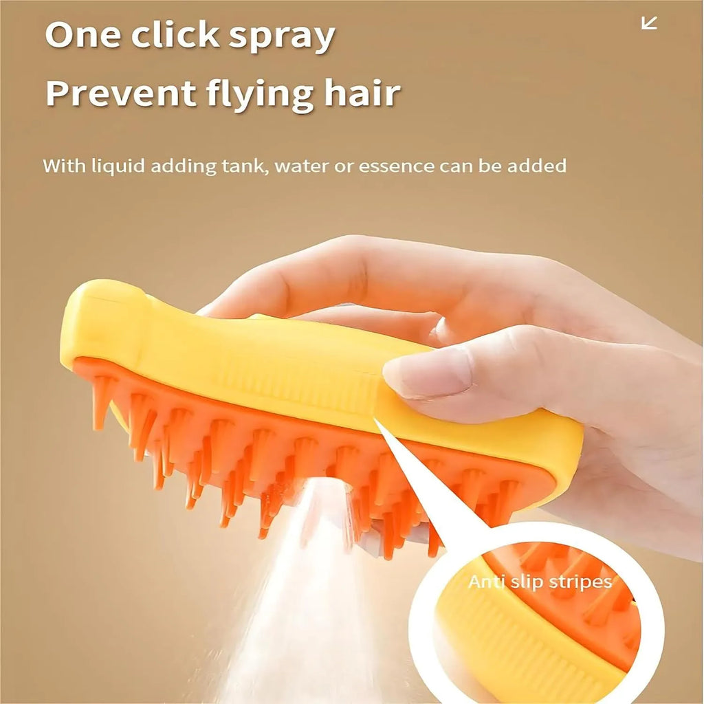 Green and yellow rechargeable cat steam brush with massage function and silicone teeth