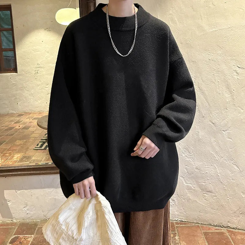 Men's loose fit round neck polyester sweater in solid colour for spring and autumn casual wear