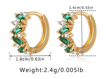 Leaf inlaid zircon emerald ear clips with geometric design and 18K copper construction