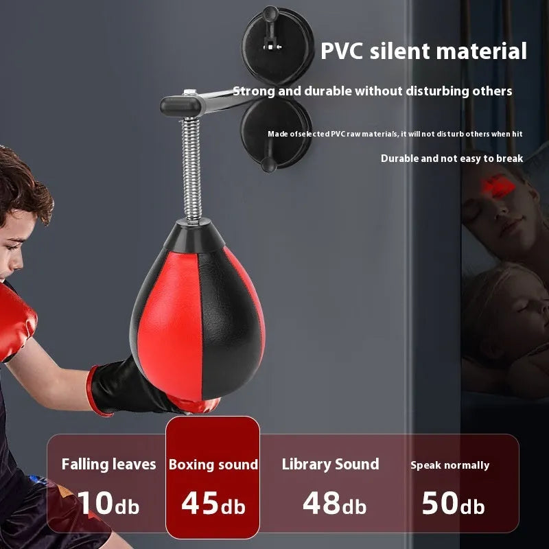 Pear-shaped hanging boxing training ball with suction cup mounting system on wall