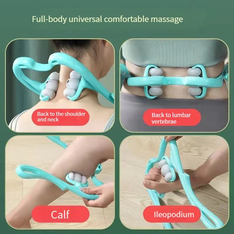 Blue handheld neck massager roller with 96 pressure point nodes on a white background.