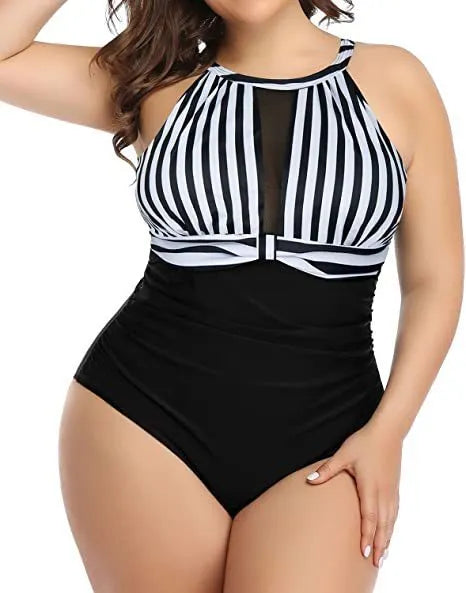 Women's black lace one-piece swimsuit on a mannequin, showing side view with red floral and stripe pattern options.