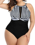 Women's black lace one-piece swimsuit on a mannequin, showing side view with red floral and stripe pattern options.