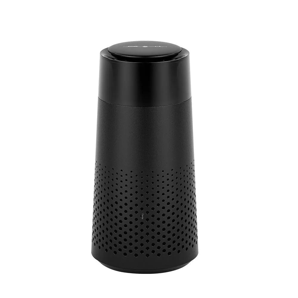 Black car air purifier with running light on a dashboard, ABS construction, 5W USB powered