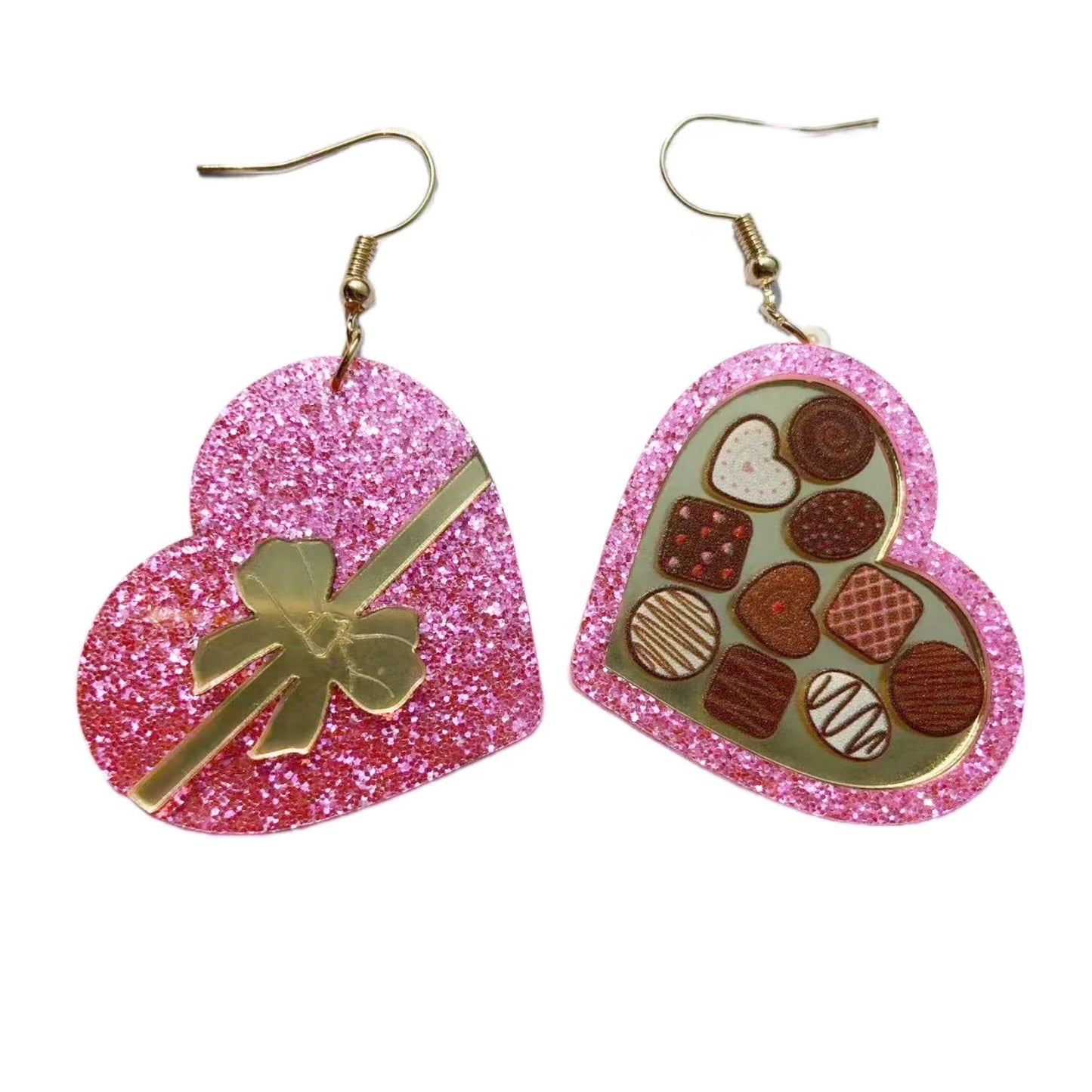 Romantic red heart-shaped acrylic drop earrings with various water pattern and sequin designs for women