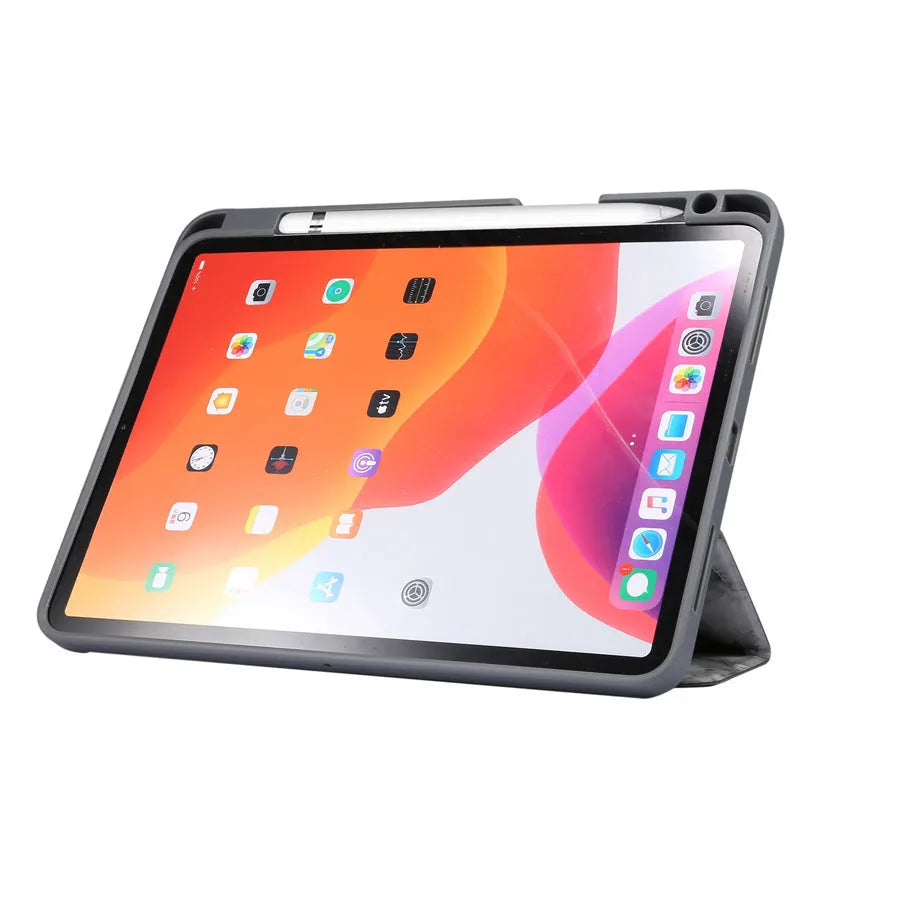 Tri-fold marbling print imitation leather iPad case with a built-in pen slot, shown in dark gray.