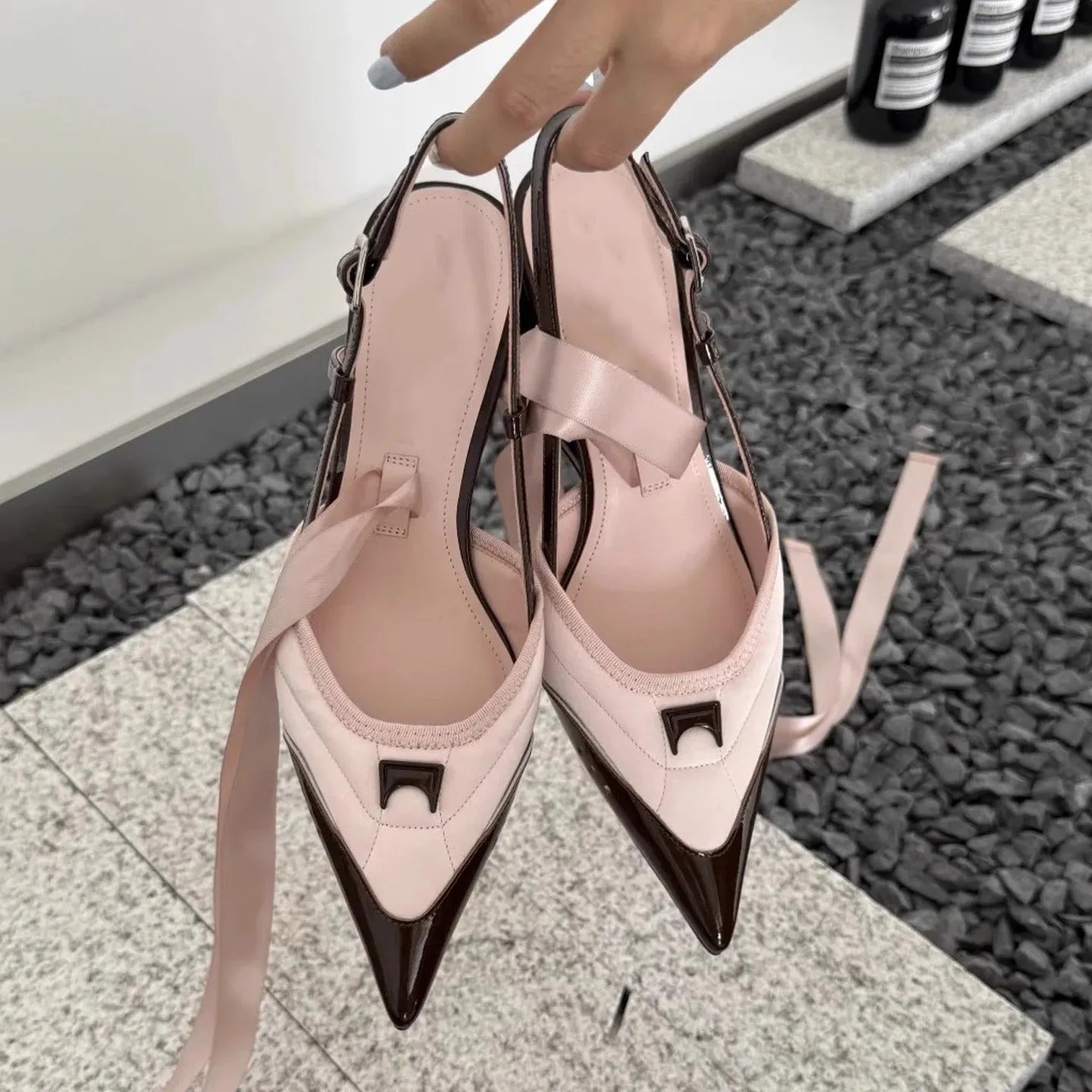 Women's black and pink special-shaped root lace-up high heels made from cowhide leather.