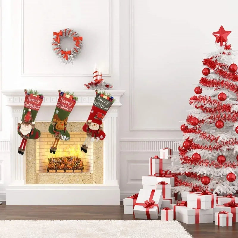 Three large Christmas stockings with Santa, Snowman, and Reindeer 3D applique designs hanging from a mantel