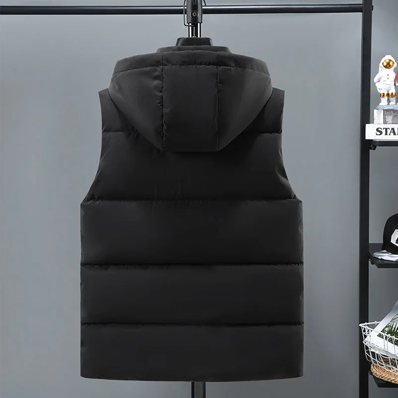 Men's thickened solid colour vest with a detachable hood, shown in blue.