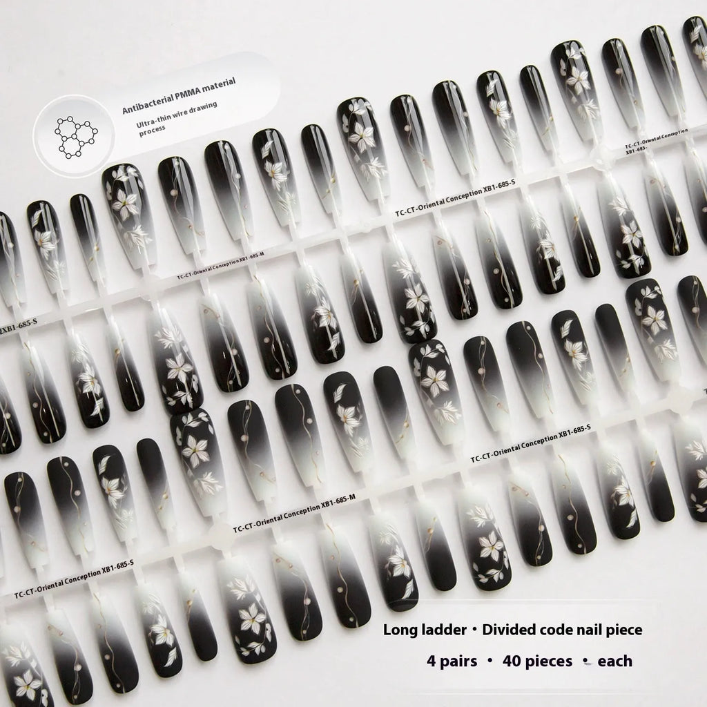 Retro Chinese style flower press-on false nails long ladder shape ultra-thin seamless 40 pieces