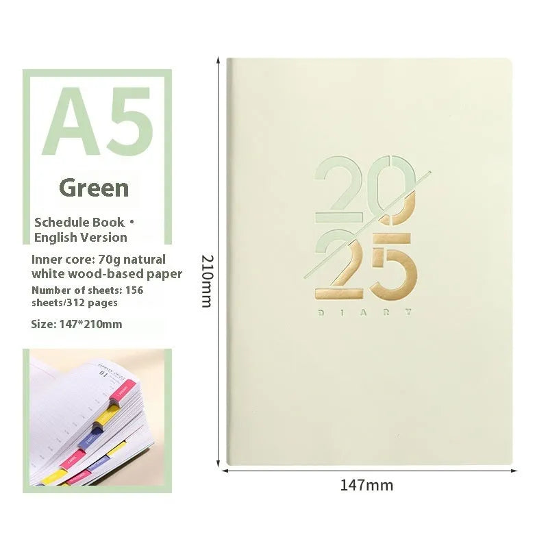 A5 2025 daily planner with soft faux leather cover in blue, green, pink, purple, or yellow.