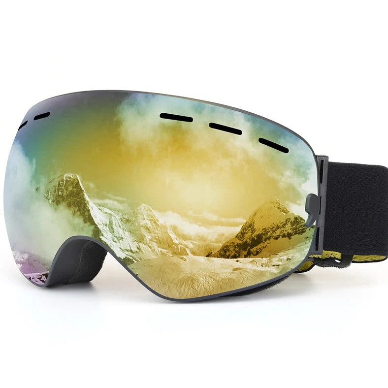 Double-layer TPU ski goggles with coated spherical mirror showing red film option and adjustable strap