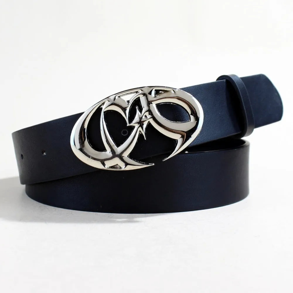 Men's casual silver buckle belt with snap button on a 105cm long, 3.3cm wide PU leather strap.