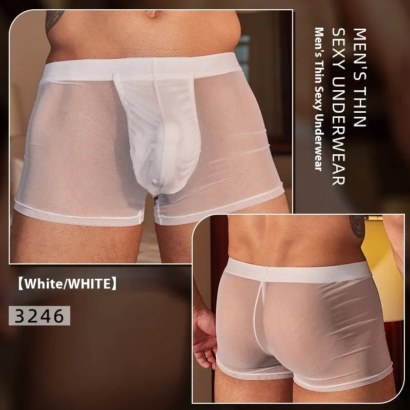 A pair of men's breathable nylon boxer briefs in black, laid flat on a white background.