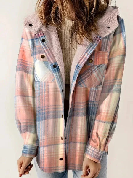 Casual plaid hooded woolen coat with fleece lining in various colours