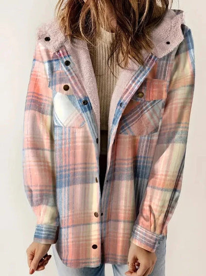 Casual plaid hooded woolen coat with fleece lining in various colours
