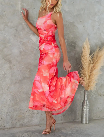 Women's one-shoulder floral print summer dress in purple, red, or sky blue