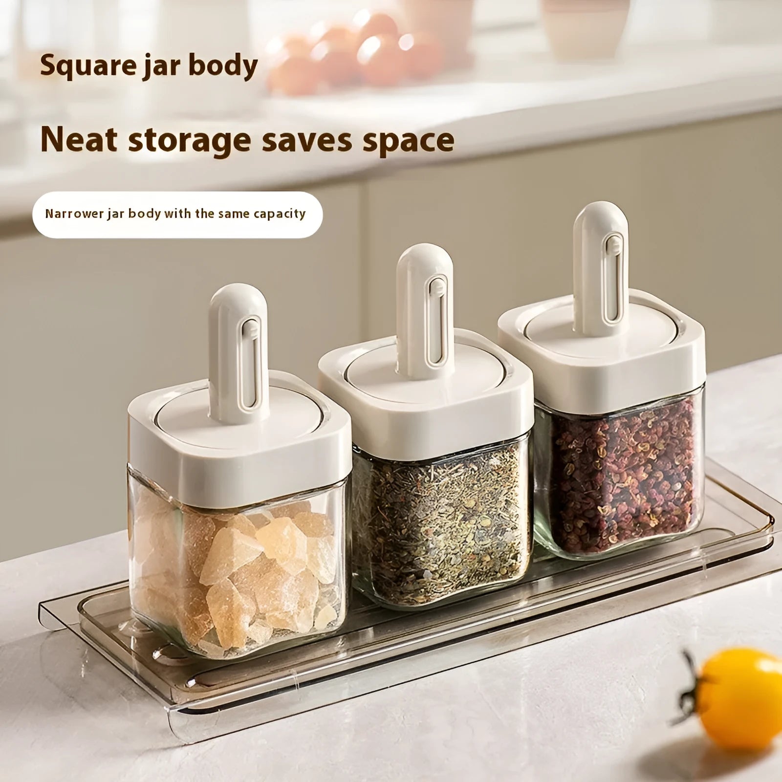 Retractable glass seasoning jar in Nordic style, available in green, warm gray, or yellow for kitchen storage