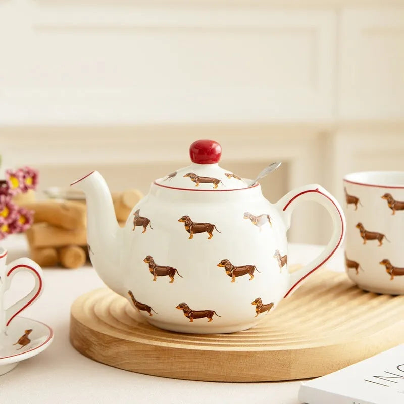 Ceramic sausage dog teapot mug cup and saucer three-piece set with strainer