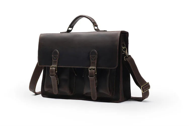 First layer cowhide leather computer crossbody bag in dark brown with visible sewing lines