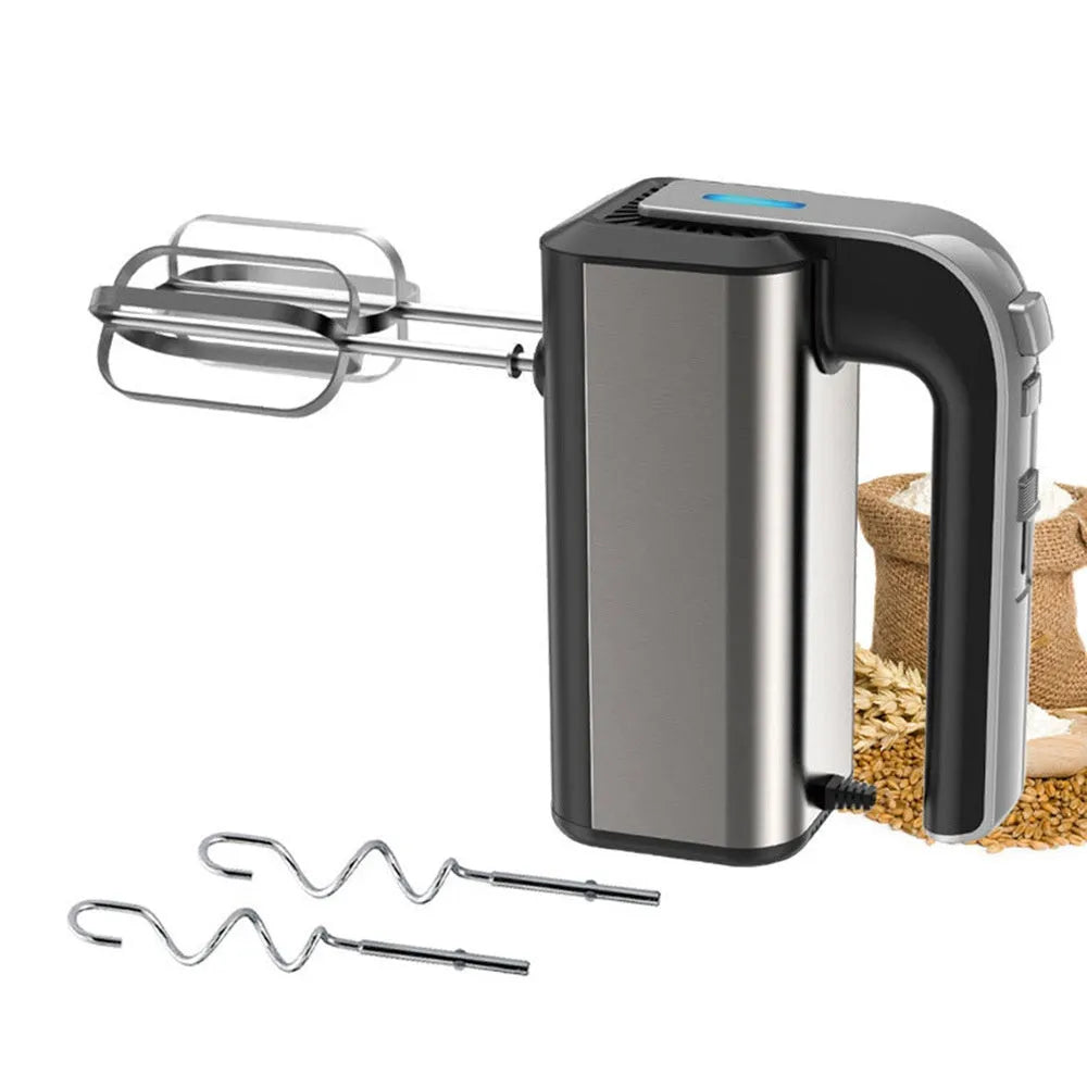 Silver mini electric handheld whisk with stainless steel beaters on a 5-speed control unit.